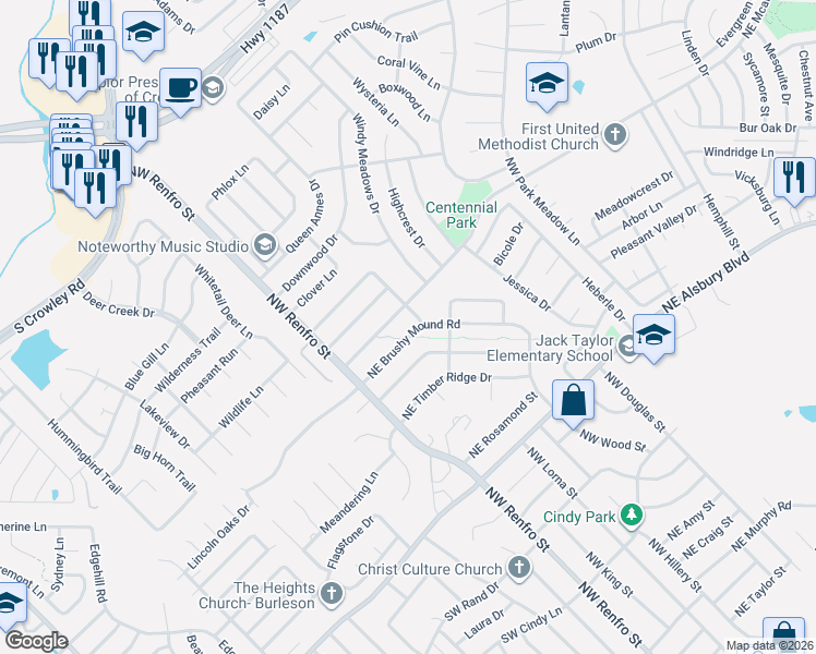 map of restaurants, bars, coffee shops, grocery stores, and more near 133 Northeast Brushy Mound Road in Burleson
