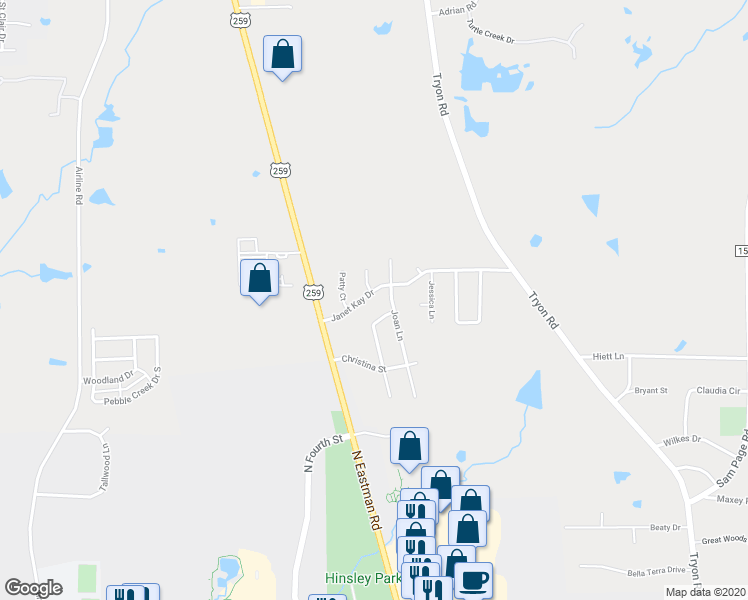 map of restaurants, bars, coffee shops, grocery stores, and more near 109 Janet Kay Drive in Longview