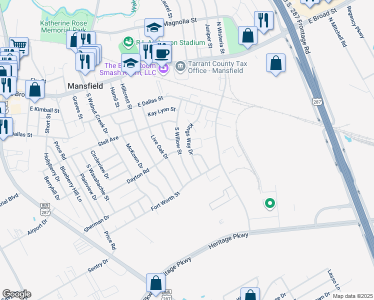 map of restaurants, bars, coffee shops, grocery stores, and more near 508 Kings Way Drive in Mansfield
