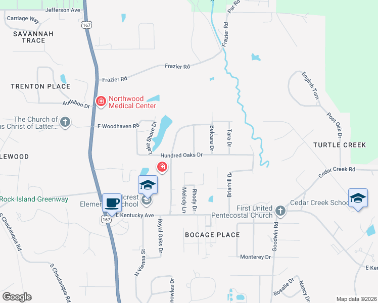 map of restaurants, bars, coffee shops, grocery stores, and more near 501 Hundred Oaks Drive in Ruston