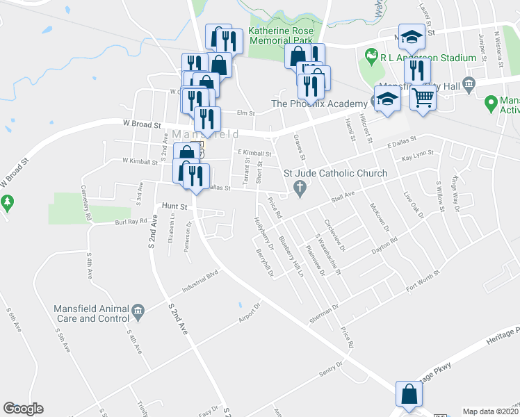 map of restaurants, bars, coffee shops, grocery stores, and more near 412 Blueberry Hill Lane in Mansfield