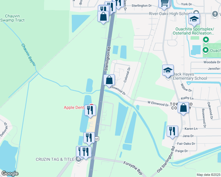 map of restaurants, bars, coffee shops, grocery stores, and more near 3390 Sterlington Road in Monroe