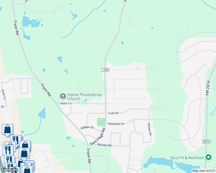 map of restaurants, bars, coffee shops, grocery stores, and more near 670 Sam Page Road in Longview