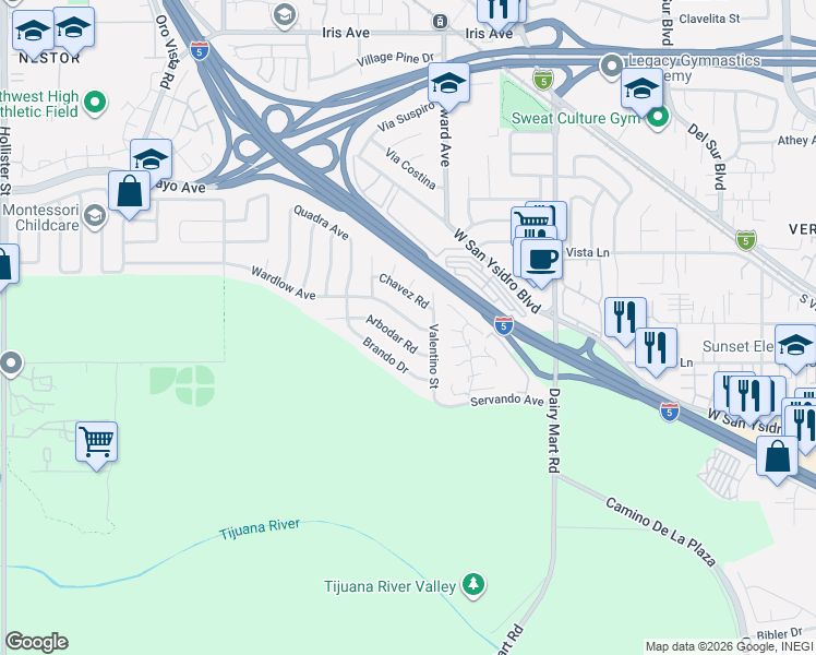 map of restaurants, bars, coffee shops, grocery stores, and more near 2060 Valentino Street in San Diego