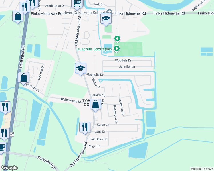 map of restaurants, bars, coffee shops, grocery stores, and more near 24-26 Willow Drive in Monroe