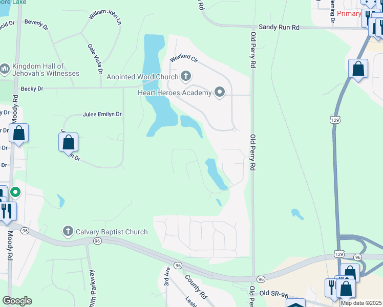 map of restaurants, bars, coffee shops, grocery stores, and more near 303 Wilsons Creek Bend in Warner Robins
