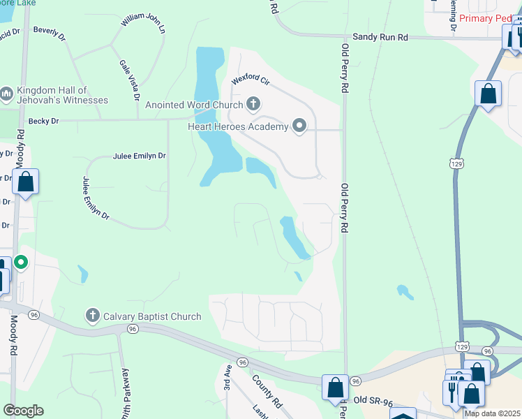 map of restaurants, bars, coffee shops, grocery stores, and more near 303 Wilsons Creek Bend in Warner Robins