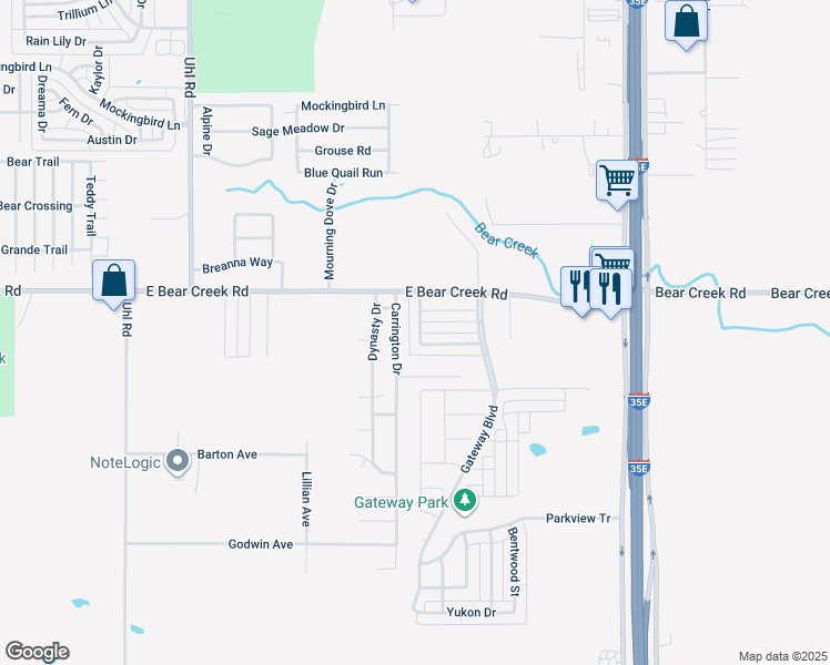 map of restaurants, bars, coffee shops, grocery stores, and more near 1741 Creekview Drive in Red Oak