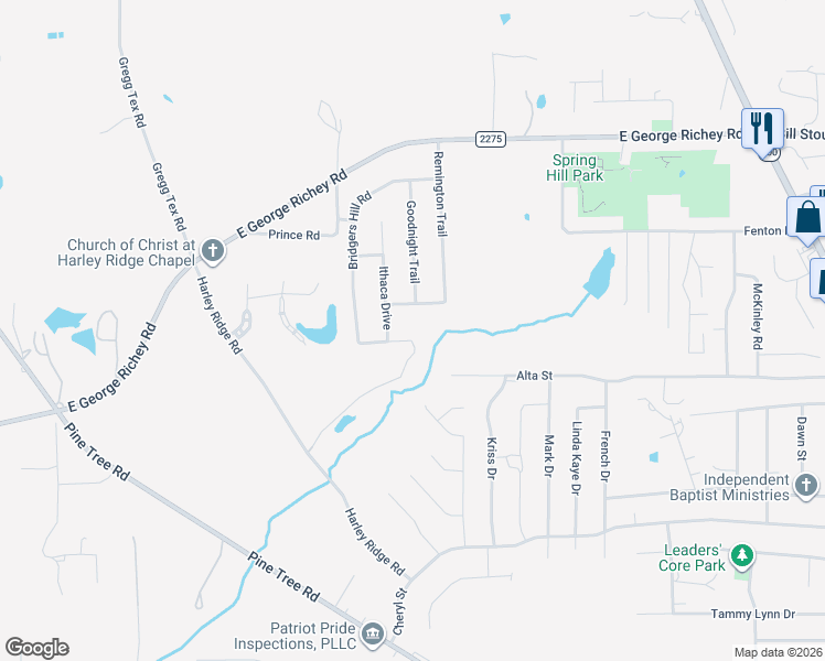 map of restaurants, bars, coffee shops, grocery stores, and more near 410 Ithaca Drive in Longview