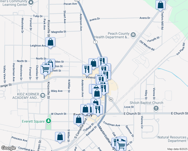 map of restaurants, bars, coffee shops, grocery stores, and more near 202 Vineville Street in Fort Valley
