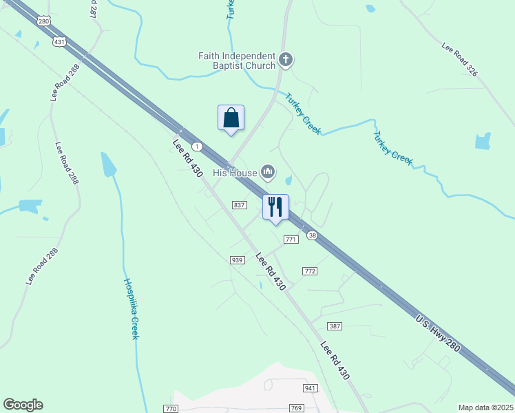 map of restaurants, bars, coffee shops, grocery stores, and more near 80 Lee Road 386 in Smiths Station