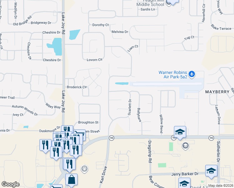 map of restaurants, bars, coffee shops, grocery stores, and more near 107 Wilkes Court in Warner Robins