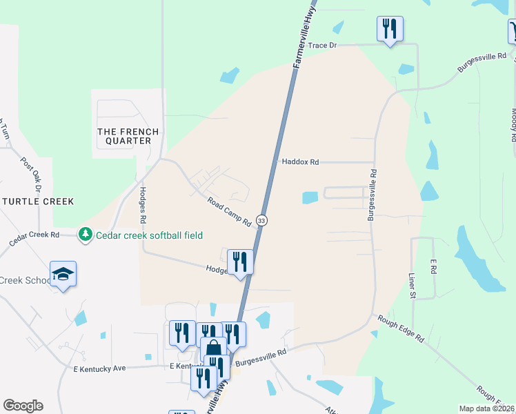 map of restaurants, bars, coffee shops, grocery stores, and more near 2396-2460 Farmerville Highway in Ruston