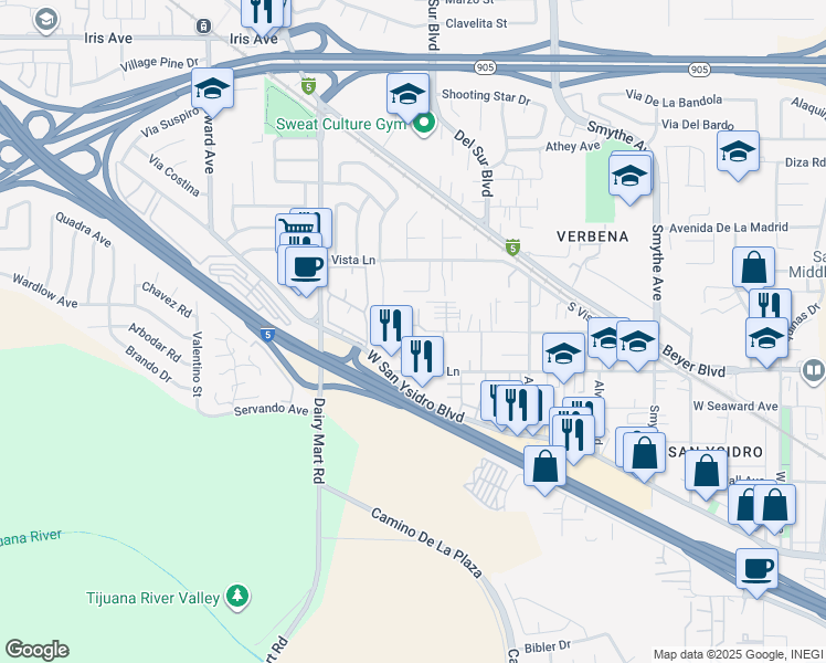 map of restaurants, bars, coffee shops, grocery stores, and more near 815 West San Ysidro Boulevard in San Diego