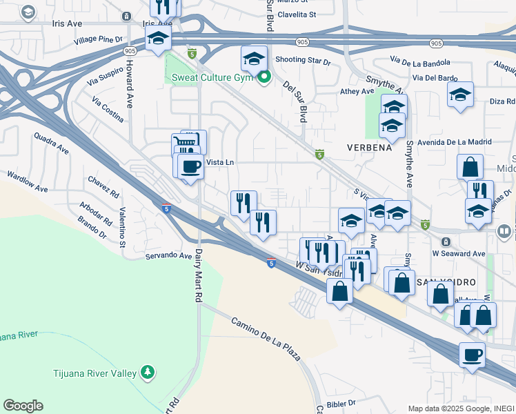 map of restaurants, bars, coffee shops, grocery stores, and more near 815 West San Ysidro Boulevard in San Diego