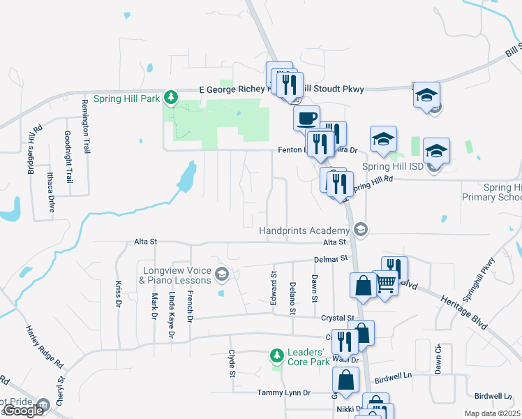 map of restaurants, bars, coffee shops, grocery stores, and more near 214 Ruby Street in Longview
