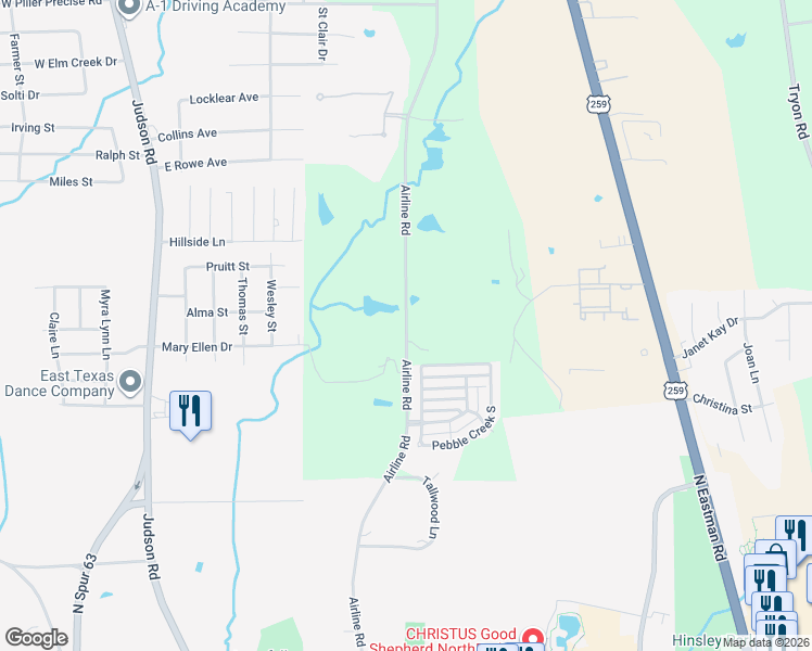 map of restaurants, bars, coffee shops, grocery stores, and more near 3780 Airline Road in Longview