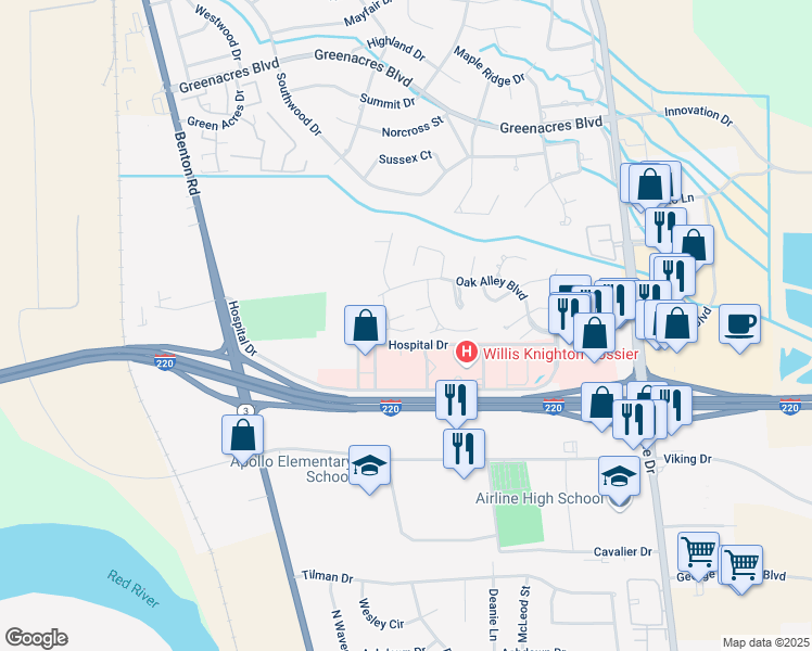 map of restaurants, bars, coffee shops, grocery stores, and more near 118 Vieux Carre in Bossier City
