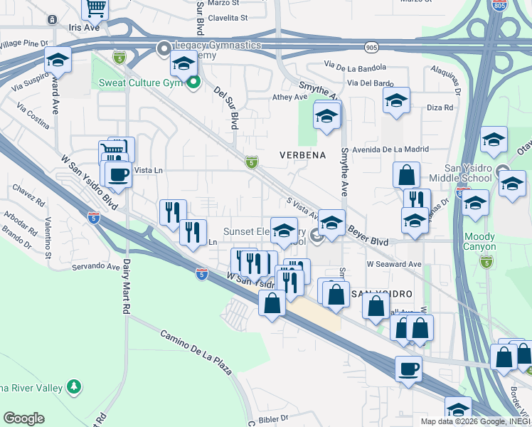 map of restaurants, bars, coffee shops, grocery stores, and more near 216 Averil Road in San Diego