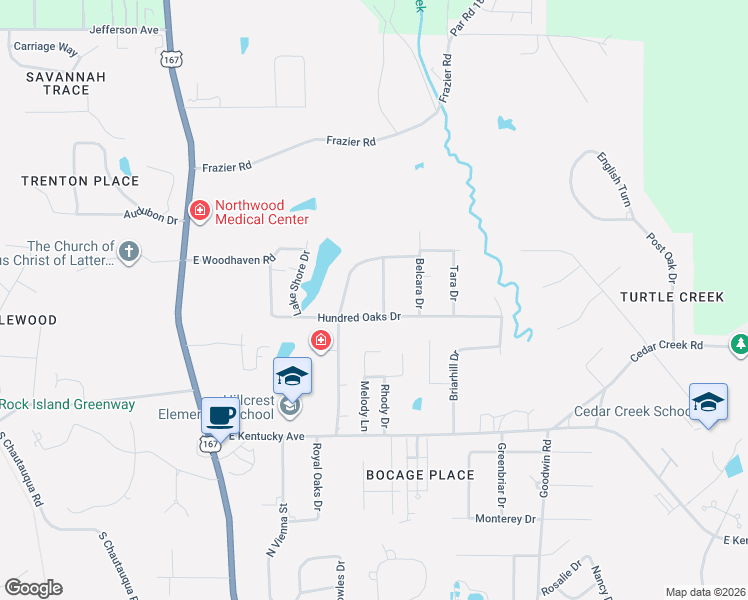 map of restaurants, bars, coffee shops, grocery stores, and more near 504 Hundred Oaks Drive in Ruston