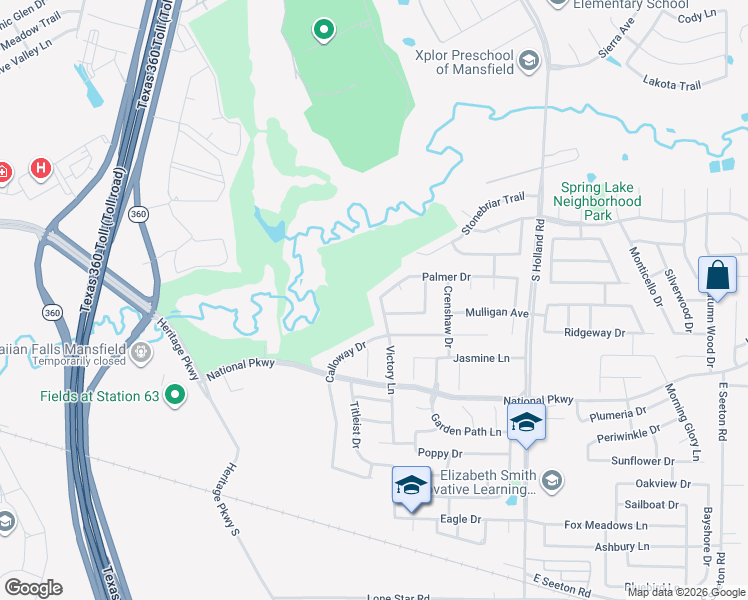 map of restaurants, bars, coffee shops, grocery stores, and more near 4101 Calloway Drive in Mansfield