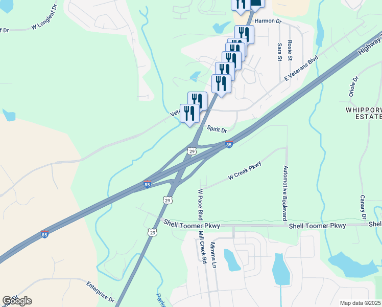 map of restaurants, bars, coffee shops, grocery stores, and more near South College Street in Auburn