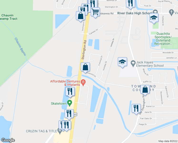 map of restaurants, bars, coffee shops, grocery stores, and more near 3390 Sterlington Road in Monroe