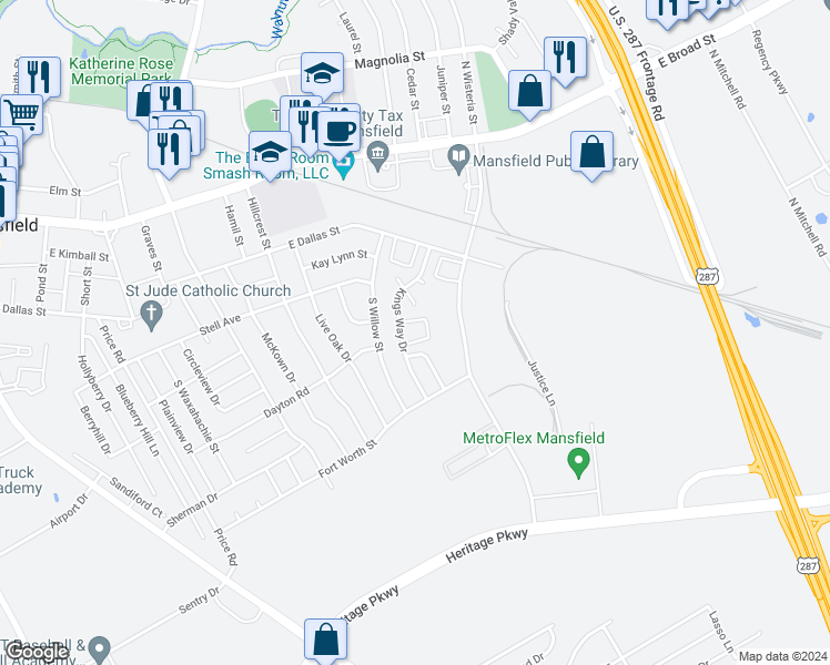 map of restaurants, bars, coffee shops, grocery stores, and more near 607 Bishop Drive in Mansfield
