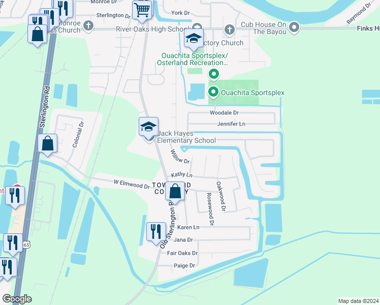 map of restaurants, bars, coffee shops, grocery stores, and more near 25 Azalea Drive in Monroe