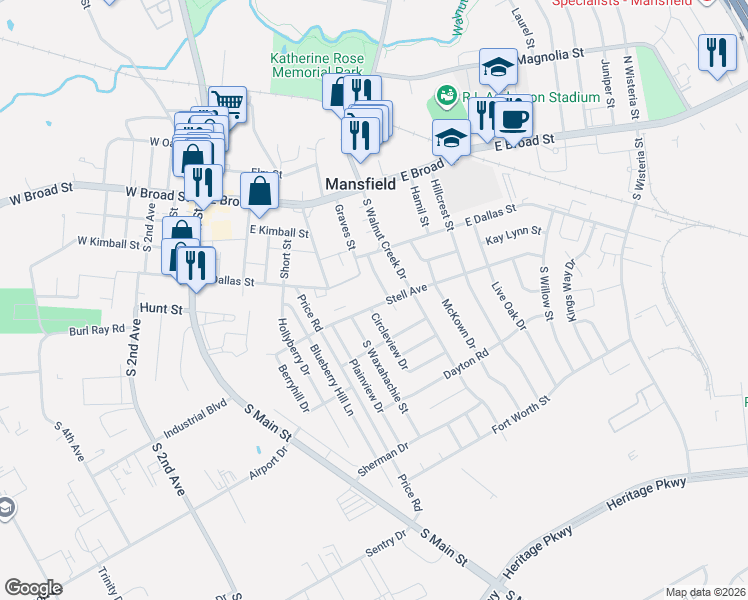 map of restaurants, bars, coffee shops, grocery stores, and more near 501 Circleview Drive in Mansfield
