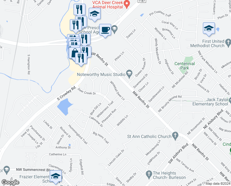 map of restaurants, bars, coffee shops, grocery stores, and more near 636 Whitetail Deer Lane in Crowley