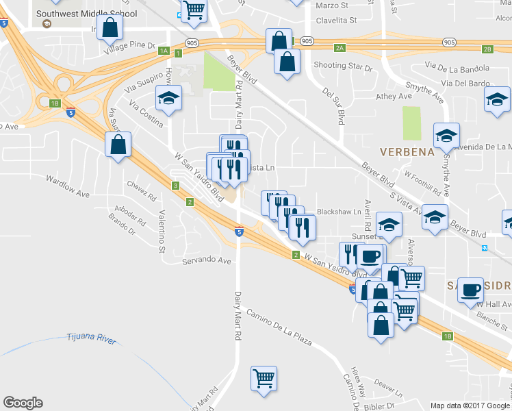 map of restaurants, bars, coffee shops, grocery stores, and more near 879 West San Ysidro Boulevard in San Diego