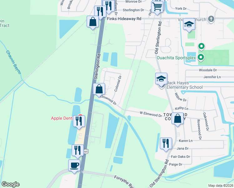map of restaurants, bars, coffee shops, grocery stores, and more near 63 Holiday Drive in Monroe