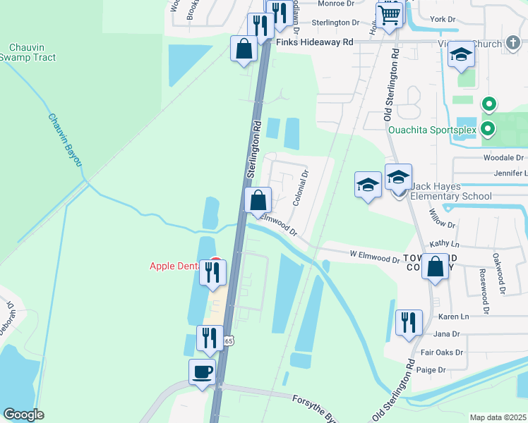 map of restaurants, bars, coffee shops, grocery stores, and more near 64-354 Colonial Drive in Monroe