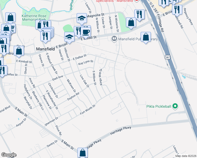 map of restaurants, bars, coffee shops, grocery stores, and more near 404 Kings Way Drive in Mansfield