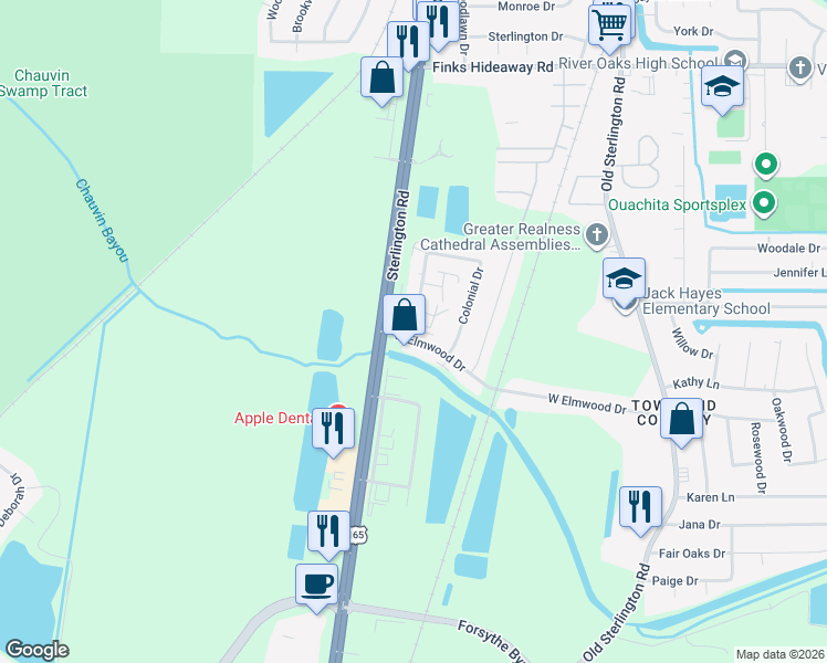 map of restaurants, bars, coffee shops, grocery stores, and more near 64-354 Colonial Drive in Monroe
