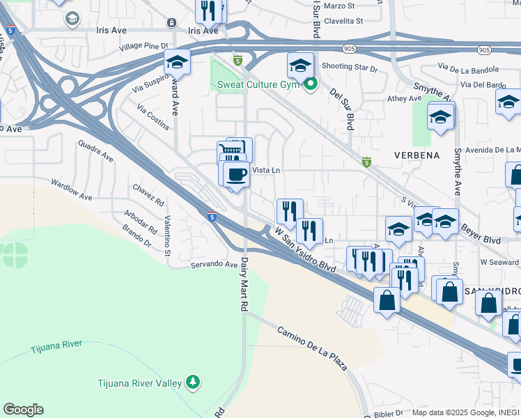 map of restaurants, bars, coffee shops, grocery stores, and more near 891 West San Ysidro Boulevard in San Diego