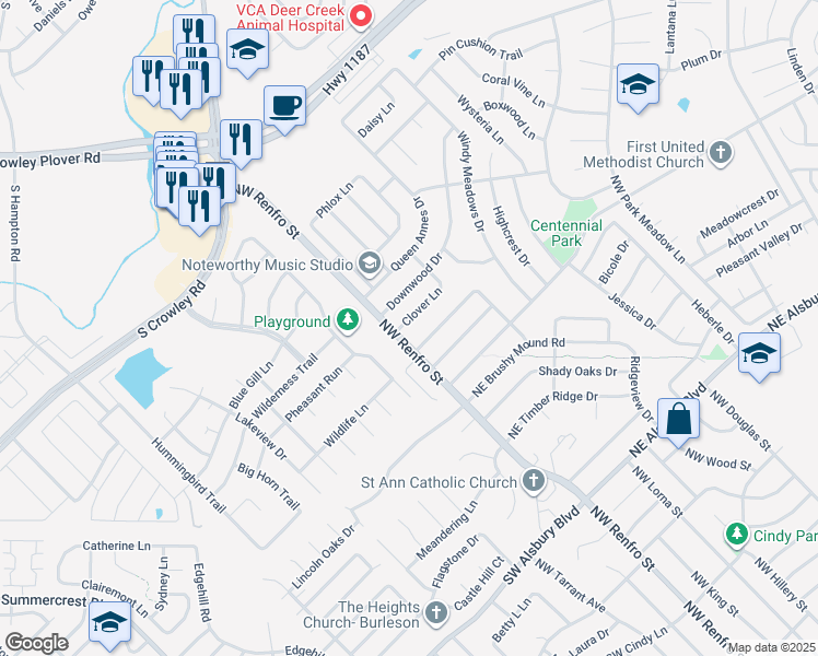 map of restaurants, bars, coffee shops, grocery stores, and more near 104 Clover Lane in Burleson