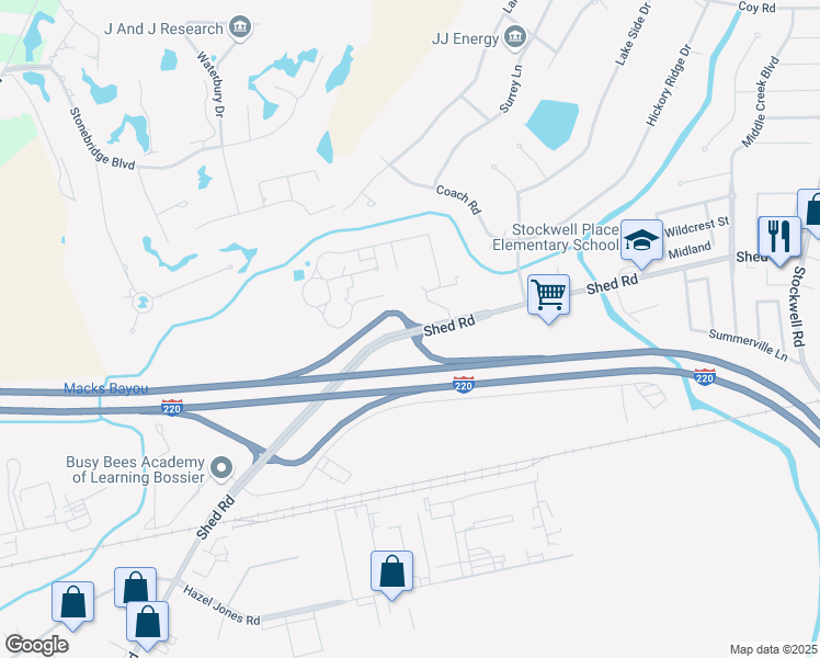 map of restaurants, bars, coffee shops, grocery stores, and more near 5401 Shed Road in Bossier City