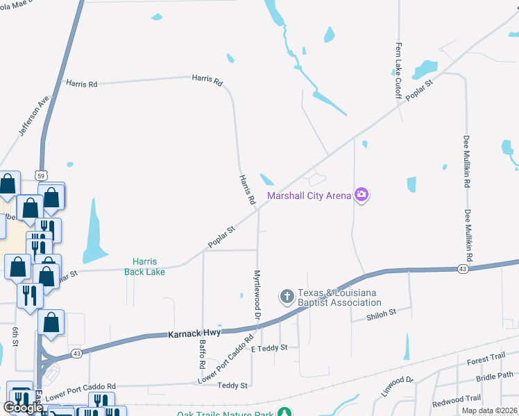 map of restaurants, bars, coffee shops, grocery stores, and more near 2801 Poplar Street in Marshall