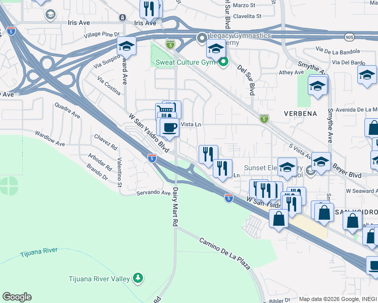 map of restaurants, bars, coffee shops, grocery stores, and more near 879 West San Ysidro Boulevard in San Diego