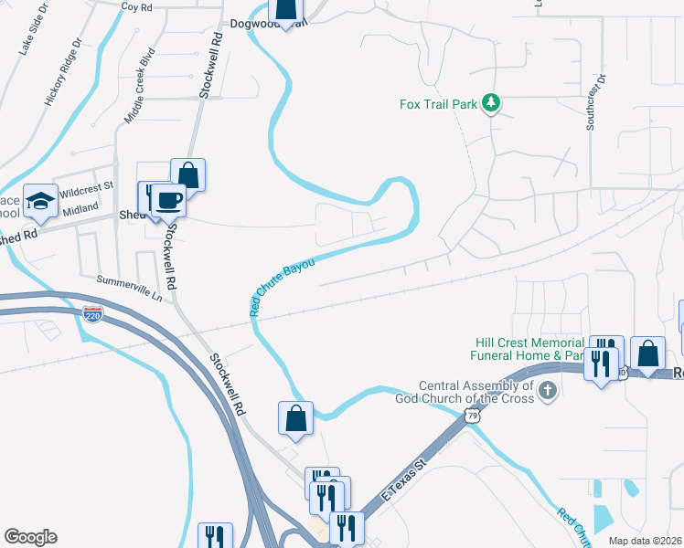 map of restaurants, bars, coffee shops, grocery stores, and more near 520 Dogwood South Lane in Haughton