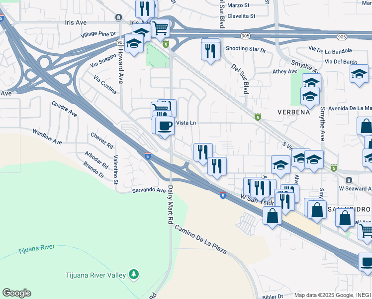 map of restaurants, bars, coffee shops, grocery stores, and more near 875 West San Ysidro Boulevard in San Diego