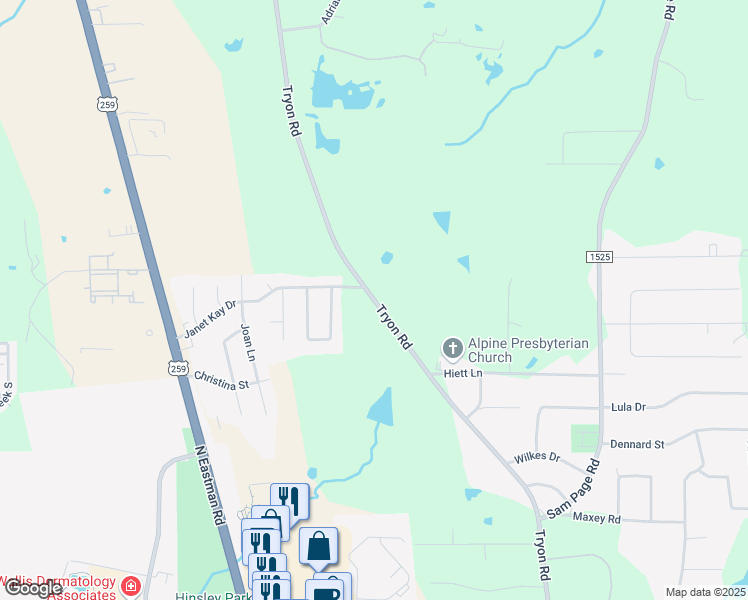 map of restaurants, bars, coffee shops, grocery stores, and more near 4100 Tryon Road in Longview