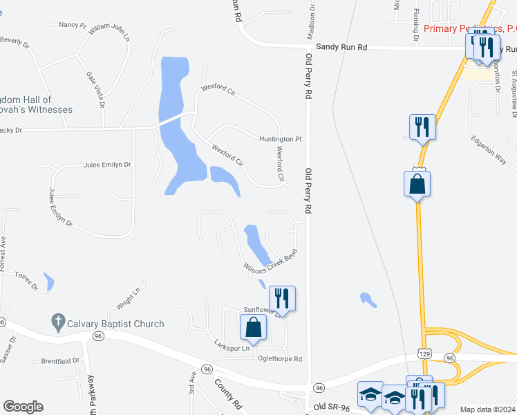 map of restaurants, bars, coffee shops, grocery stores, and more near 214 Picketts Mill Court in Warner Robins