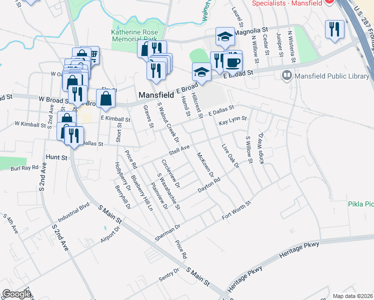 map of restaurants, bars, coffee shops, grocery stores, and more near 751 Stell Avenue in Mansfield