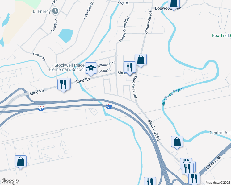 map of restaurants, bars, coffee shops, grocery stores, and more near 2103 Middle Creek Boulevard in Bossier City