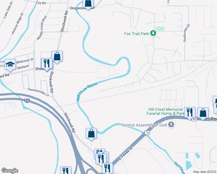 map of restaurants, bars, coffee shops, grocery stores, and more near 520 Dogwood South Lane in Haughton