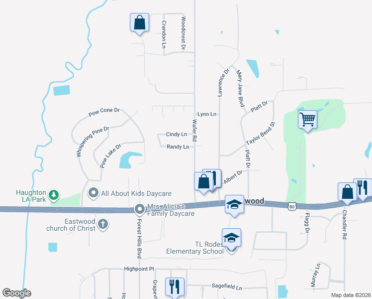 map of restaurants, bars, coffee shops, grocery stores, and more near 777 Randy Lane in Haughton