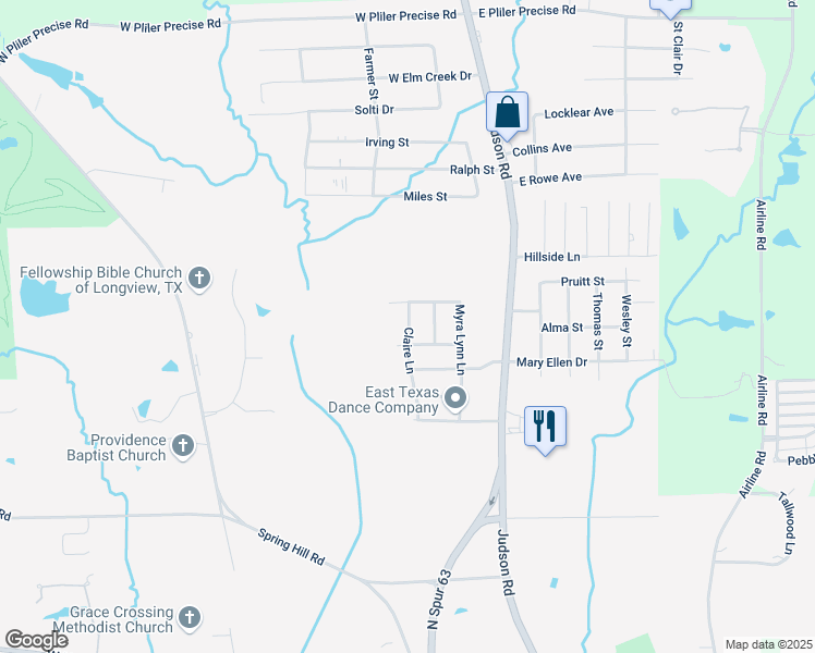 map of restaurants, bars, coffee shops, grocery stores, and more near 306 Cordoba Trail in Longview
